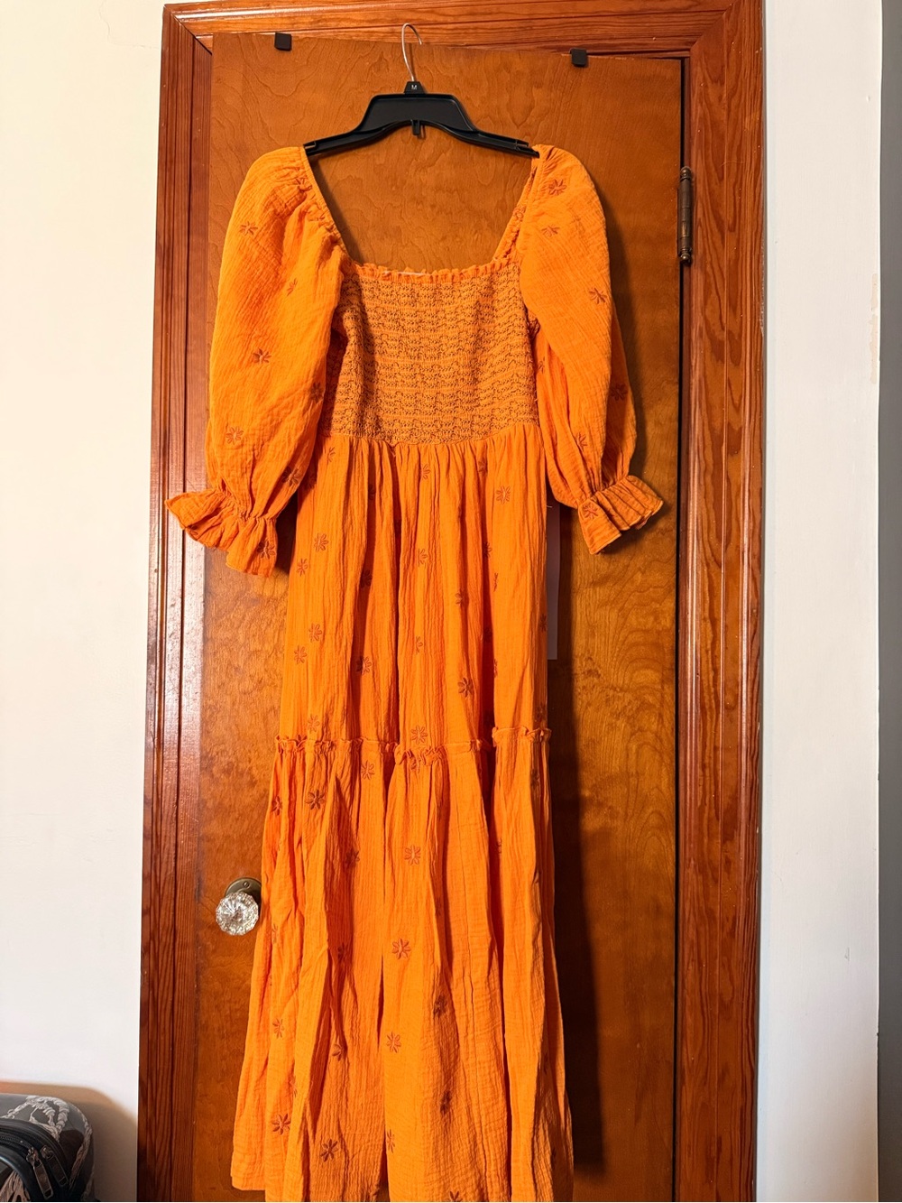 Orange Smocked Maxi Dress with Puff Sleeves